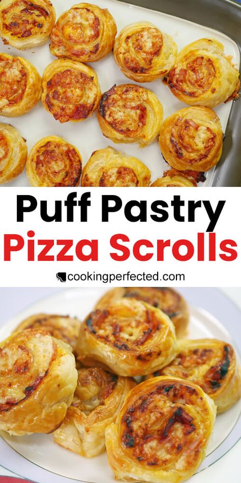 Puff Pastry Pizza Scrolls - Cooking Perfected Scroll Recipe Savoury, Puff Pastry Party Snacks, Puff Pastry Finger Food Recipes, Puff Pastry School Lunch, Pizza Puff Pastry Twists, Puff Pastry Wheels, Pastry Puff Pizza, Pizza Puff Pastry Recipes, Pizza Pastry Puffs