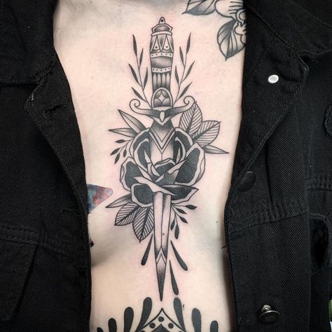 Dagger Tattoo Chest Woman, Dagger Through Skin Tattoo, Chest Dagger Tattoo, Sternum Tattoo Dagger, Dagger Sternum Tattoo Women, Dagger Tattoo Sternum, Thigh Dagger Tattoo, Dager Tattoos For Women, Dagger With Flowers Tattoo