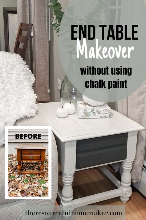 Give an old end table a makeover with this DIY home project idea. This easy tutorial will show you how to transform furniture without chalk paint, but with the same amount of durability. Refinishing End Tables Diy, Old End Table Makeover, Painting End Tables Ideas, Painting End Tables, End Table Redo, Redo End Tables, Refinished End Tables, Diy Trays, Transform Furniture