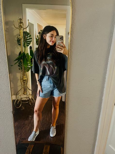 graphic tee, free people, denim shorts, abercrombie, vans, checkered vans, Checkered Vans Outfit, Bermuda Shorts Outfit, Catching Feelings, Vans Shorts, Vans Checkered, Ghost Tee, Checkered Vans, Vans Outfit, Casual Ootd