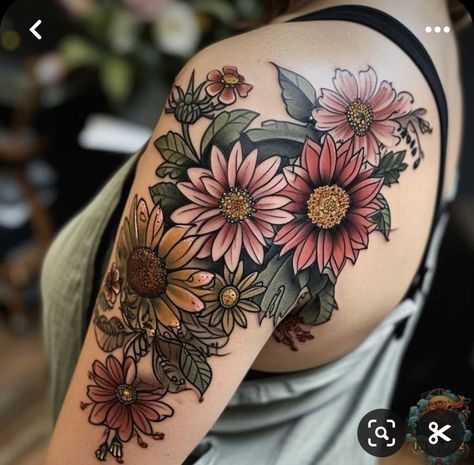 Flowers Tattoo In Color, Colored Flower Arm Tattoos For Women, Arm Sleeve Tattoos For Women With Color, Fun Flower Tattoo, Family Arm Tattoo For Women, Birth Flower Tattoos Shoulder, Color Flower Shoulder Tattoo, Shoulder Birth Flower Tattoo, Antique Flower Tattoo