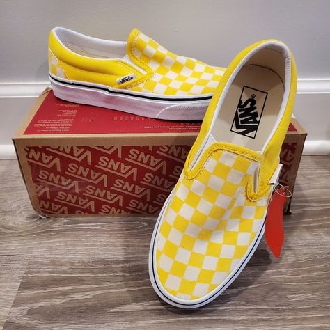 Nwt Vans Yellow Checkered Sneakers Size Women 6.5 Men 5 Grey Sneakers Women, Leopard Print Vans, Black High Top Vans, Snicker Shoes, Vans Old Skool Low, Vans Skate Shoes, Vans Slip On Shoes, Floral Vans, Yellow Checkered