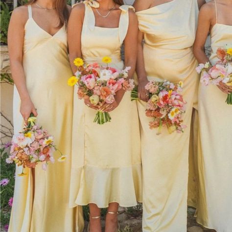 Yellow Floral Dress Long, Creme Bridesmaid Dresses, Yellow Wedding Accents, Pink Yellow Bridesmaid Dresses, Buttercup Yellow Bridesmaid Dresses, Mismatched Yellow Bridesmaid Dresses, Bridesmaid Dresses Yellow Pastel, Lemon Yellow Bridesmaid Dresses, Pink And Yellow Bridesmaids