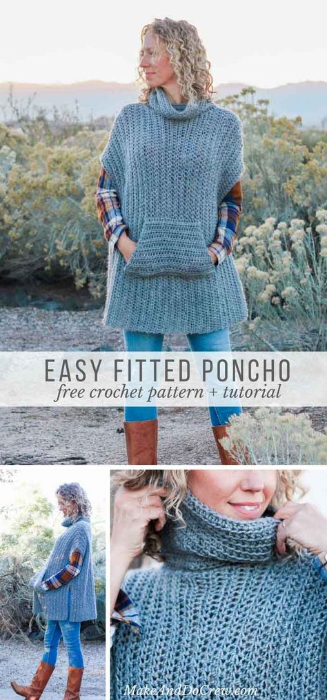 Love! This modern free crochet poncho pattern is a little more fitted than most, offering a versatile wardrobe staple that's perfect for layering. Free pattern and tutorial! via @makeanddocrew Crochet Poncho Pattern, Make And Do Crew, Poncho Pullover, Crochet Poncho Free Pattern, Poncho Crochet, Crochet Gratis, Crochet Poncho Patterns, Poncho Pattern, Crochet Jacket