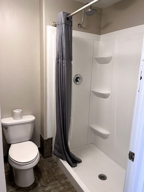 Stand Up Shower Curtain Stand Up Shower With Shower Curtain, Stall Shower With Curtain, Standing Shower Curtain Ideas, Walk In Shower Ideas With Curtain, Shower Curtain Instead Of Glass Doors, Shower Curtain For Walk In Shower Master Bathrooms, Shower Curtains For Walk In Showers, Single Shower Stall Curtain Ideas, Stand Up Showers For Small Bathrooms