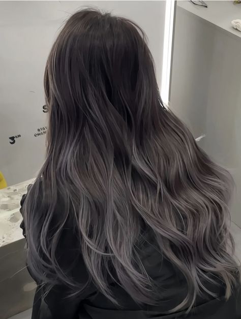 Silver And Brown Hair Highlights, Korean Hair Color 2024, Asian Mushroom Brown Hair, Graphite Hair Color, Black With Grey Hair, Korean Ombre Hair, Grey Highlights Brown Hair, Ashy Red Brown Hair, Ash Grey Balayage Asian