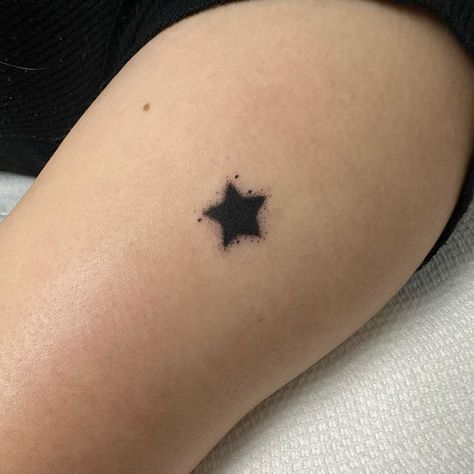 Cover Up Stick And Poke, Small Wrist Tattoo Cover Up, Black Star Tattoo Cover Up, Tattoo Idea Placement, Tattoo Of Stars, Dot Work Star Tattoo, Dot Star Tattoo, Star Theme Tattoo, Stippled Star Tattoo