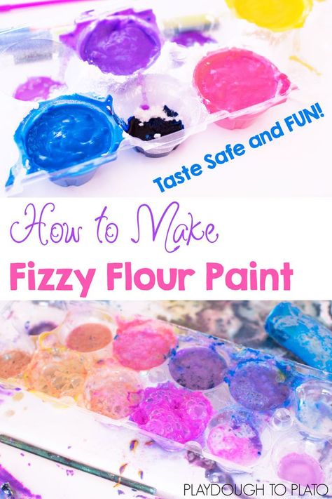 Super simple homemade fizzy flour paint. Just 3 ingredients! You can make it taste safe for babies and toddlers, but it's also great fun for preschoolers and kindergarteners! Flour Paint Recipe, Flour Paint, Mardi Gras Activities, Playdough To Plato, Paint Recipe, Homemade Paint, Toddler Snacks, Art Activities For Kids, Toddler Art