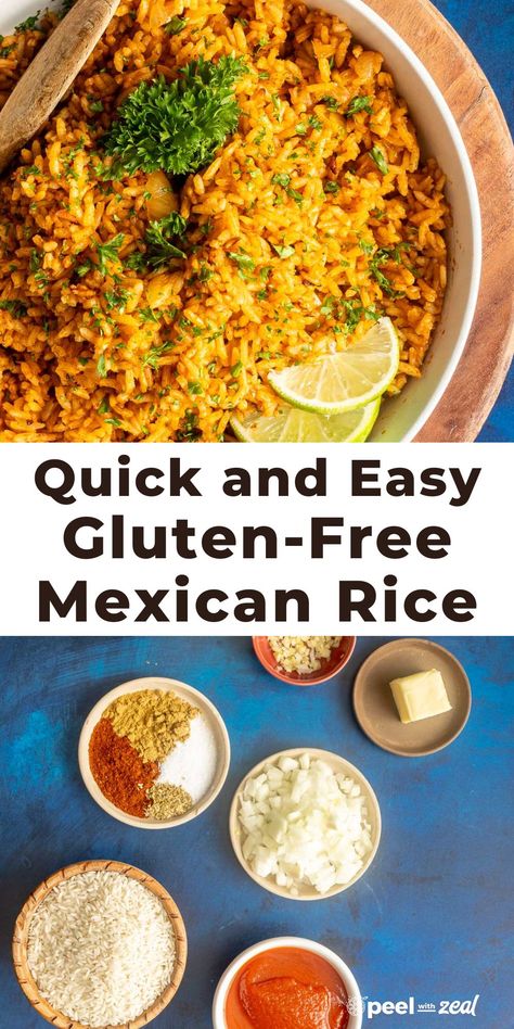 Easy to make - homemade Mexican Spanish Rice. It is gluten free and dairy free. This is great as a side dish or even as it's own meal. A classic gluten-free Mexican recipe everyone will enjoy. rn Gluten Free Rice Dishes, Gluten Free Rice Recipes, Perfect Mexican Rice, Gluten Free Dairy Free Recipes Dinner, Gluten Free Mexican Recipes, Rice Mexican, Leftover Rice Recipes, Mexican Food Recipes Appetizers, Mexican Rice Recipe