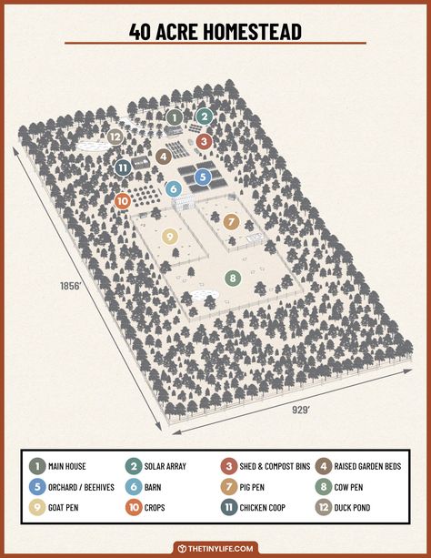 Designing A 40 Acre Homestead Layout - The Tiny Life Large Homestead Layout, 50 Acre Homestead Layout, 100 Acre Farm Layout, 50 Acre Farm Layout, 40 Acres Of Land, 40 Acre Farm Layout, 20 Acre Farm Layout, 30 Acre Farm Layout, 25 Acre Homestead Layout