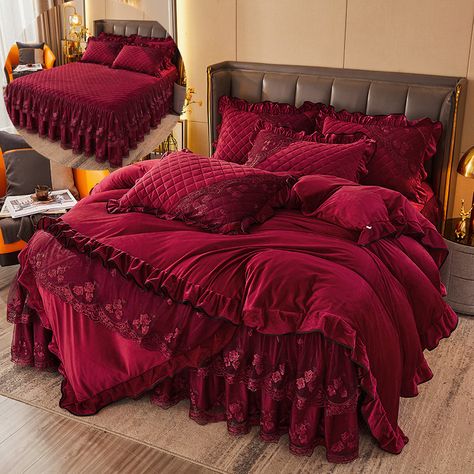 Comforter Bed Sheets and Skirt Bed Set Home Full Size Lace Velvet Embroidery Bedding Set Bedspread Bed Cover https://m.alibaba.com/product/1600684772072/Comforter-Bed-Sheets-and-Skirt-Bed.html?__sceneInfo={"cacheTime":"1800000","type":"appDetailShare"} Red Velvet Bedspread, Red Velvet Bedding, Red Bedsheets, Vampire Bed, Red Bed Set, Fancy Bedding, Maroon Bedding, Burgundy Bed, White Lace Bedding