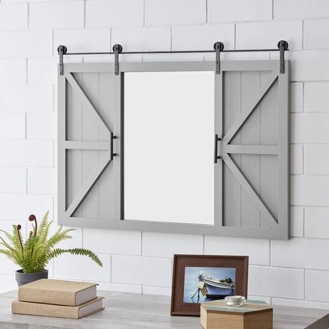 Gracie Oaks & Co.® Hayloft Farmhouse Barn Door Mirror & Reviews | Wayfair Barn Door Mirror, Barn Door Wall, Decorating Mirror Frames, Farmhouse Barn Door, Industrial Casters, Sliding Door Design, Barn Door Designs, Rustic Barn Door, Vintage Mirror Wall