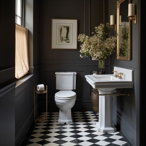 Checkerboard Floor Powder Room, Modern Bathroom Tiling Ideas, Checkered Powder Room Floor, Checkered Tile Powder Room, Powder Bathroom Paneling, French Blue Bathroom Walls, Tile Wall Powder Bathroom, Moody Modern Powder Room, Long Powder Room Ideas