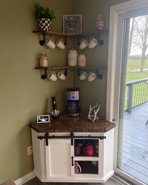 Corner Coffee Station Ideas -cmhwoodworking Coffee Corner Kitchen, Corner Coffee Bar, Barn Door Slider, Dapur Rustic, Barn Door Sliders, Corner Hutch, Corner Coffee, Coin Café, Coffee Bar Station