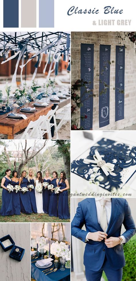 pantone classic blue and light grey wedding color ideas Blue And Grey Wedding Decorations, Neptune Wedding Color Scheme, Pantone Azul, Light Gray Wedding, Gray Wedding Colors, Blush Invitations, Rustic Modern Wedding, Blush Wedding Invitations, Bridal Guide