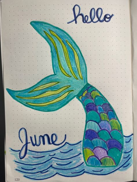 Mermaid theme for the month of June. Mermaid Bullet Journal, June Bullet Journal Ideas, June Bullet Journal Cover, June Bullet Journal, Journal Cover Page, Bullet Journal Cover, Hello June, Bullet Journal Cover Page, 2024 Goals