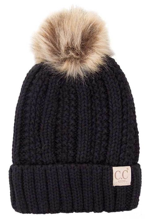 Cute Winter Hats, Gray Accessories, Cute Beanies, Cc Beanie, Kids Beanies, Beanie Style, Black Beanie, Beanie Pattern, Faux Fur Pom Pom