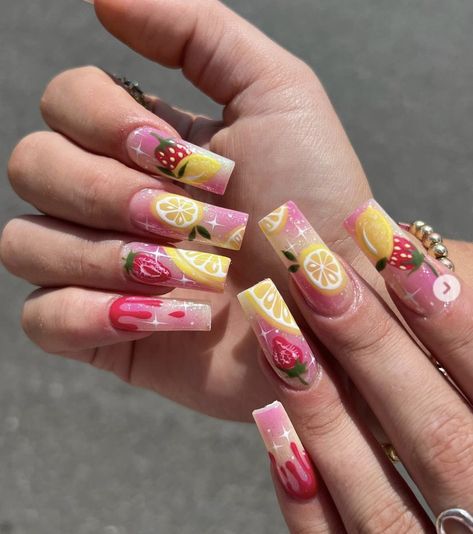 Fruit Nail Designs, Lemon Nails, Funky Nail Designs, Fruit Nail Art, Tapered Square Nails, Diy Acrylic Nails, Nice Nails, Colby Brock, Nail Art Designs Videos