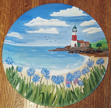 Beach Themed Pottery Painting, Beach Plate, Acrylic Paint On Plastic, Watercolor References, Plate Drawing, Plate Painting, Lighthouse Painting, Seashell Painting, Cute Diy Room Decor