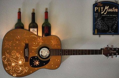 Broken Guitar, Guitar Lamp, Guitar Decorations, Guitar Shelf, Guitar Crafts, Guitar Diy, Lampe Diy, Guitar Ideas, Creative Walls