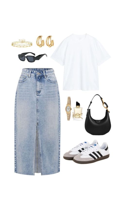 Small Space Closet, Looks Adidas, Denim Skirt Outfit, Casual Sporty Outfits, Stylish Outfits Casual, Adidas Samba Outfit, Outfits Sommer, Denim Skirt Outfits, Vide Dressing