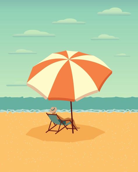 Seascape, a man in a sun lounger under an umbrella on the sea beach. Summer illustration, clip art, print, wall art Summer Time Illustration, Beach Umbrella Illustration, Beach Umbrella Art, Beach Clip Art, Umbrella Cartoon, Umbrella Drawing, Umbrella Illustration, Summer Umbrella, Under An Umbrella