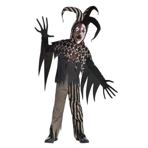 Boy wearing a creepy twisted jester costume with torn shirt, black and white stripes and diamonds and blood splatters Jester Halloween, Jester Mask, Classroom Halloween Party, Jester Costume, Jester Hat, Costumes For Teens, Fancy Dress Up, Halloween Costume Shop, Scary Clowns