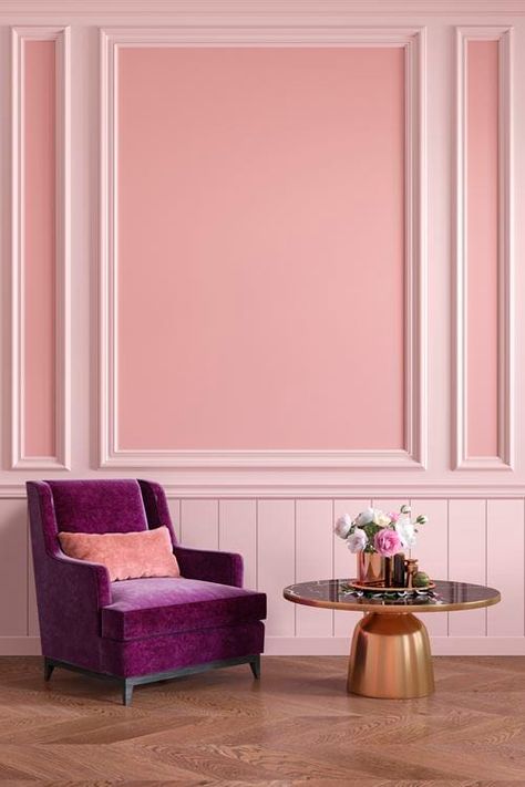 Shiplap Wainscoting, Wainscoting Wall Paneling, Pink Interiors, Pink Accent Walls, Light Pink Walls, Wainscoting Wall, Colored Walls, Content Studio, Pink Rooms