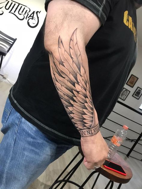 Wing Tattoos For Men, Symbolic Drawings, Angel Wings Tattoo Forearm, Wing Tattoo On Shoulder, Forearm Wing Tattoo, Wing Tattoo Arm, Back Tattoos For Guys Upper, Wings Tattoos, Compass And Map Tattoo