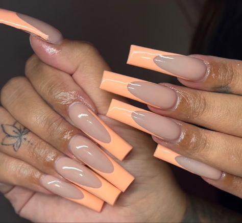 Apricot Acrylic Nails, Peach Orange Nails With Designs, Peach French Tips Nails, Peachy French Tip Nails, Peach Tips Acrylic Nails, Peachy French Nails, Peach Nails French Tip, Light Orange Nails Acrylic, Pastel Orange Nails Peach