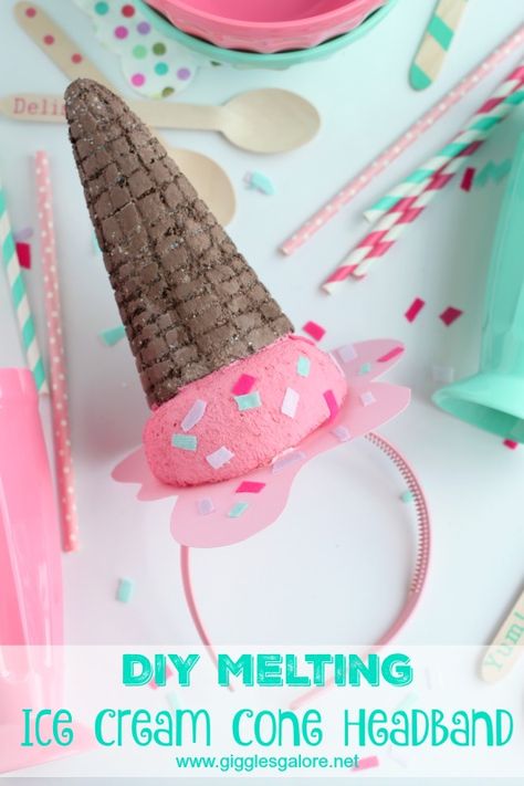 DIY Melting Ice Cream Cone Headband - Giggles Galore #makeitfuncrafts Diy Ice Cream Costume Women, Ice Cream Cone Headband, Ice Cream Headband, Ice Cream Cone Costume, Diy Ice Cream Cone, Ice Cream Hat, Ice Cream Costume, Ice Cream Party Theme, Melting Ice Cream