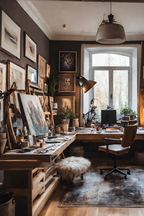 Moody Art Studio, Atelier Aesthetic, Hobby Room Design, Artist Workspace, Art Studio Space, Art Studio Room, Art Studio Design, Ivy House, Art Studio At Home