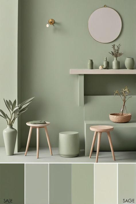 sage green, visual guide, color palette, 2024 trends Sage Green Wall Design, Sage Green Study Room, Cool Sage Green Paint, Colour Ideas For Kitchen Walls, Sage Green Room Decor Ideas, Sage Green Office Walls, Sage Green Interiors, Kitchen Paint Colors For Walls, Sage Green Office Ideas