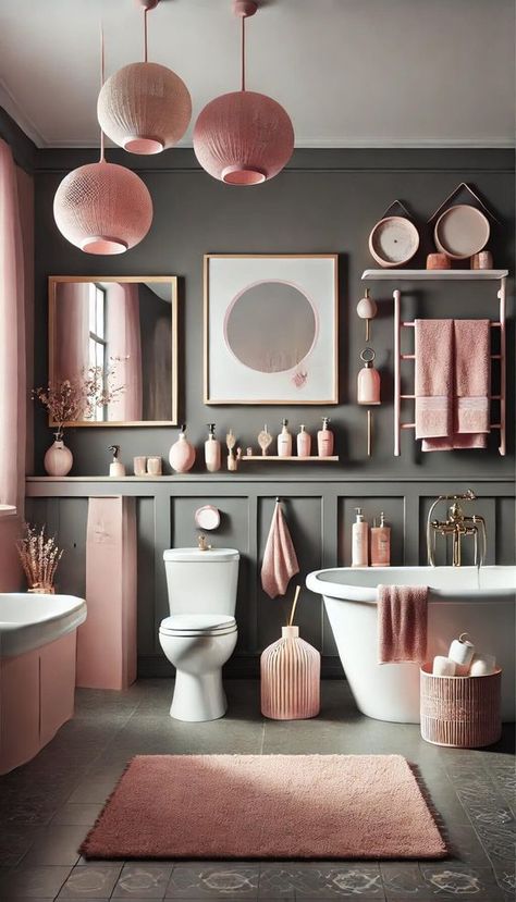 Pink And Grey Ensuite, Pink And Grey Bathroom Ideas, Mauve Bathroom, Pink And Grey Bathroom, Modern Pink Bathroom, Grey Bathroom Ideas, Pink And Black Bathroom, Toilet Ideas, House Of Gold