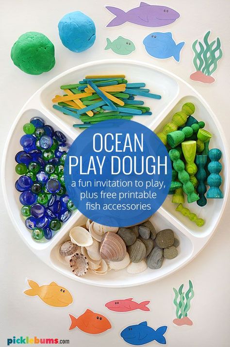 Set up this ocean playdough, with the free printable fish accessories, for an easy activity for kids and a fun way to learn about the ocean, or beach.  #picklebumsprintables #playdoughlove #freeprintablesforkids Pre K Ocean Activities, Playdough Trays, Ocean Playdough, Nursery 2023, Ece Resources, Grandkid Crafts, Playdough Ideas, Printable Fish, Preschool Ocean