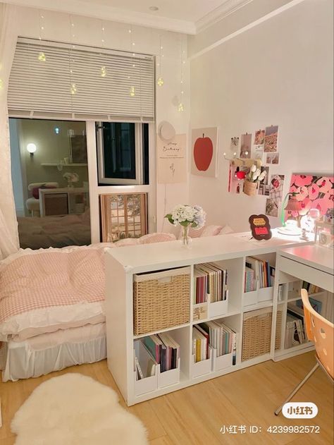 Bedroom Study Space Aesthetic, Desk Over Bed Small Bedrooms, Corner Room Ideas Bedroom, Split Dorm Room Ideas, Small Living Bedroom Ideas, Study Room Inspiration Small Spaces, Ikea Shelf Bedroom, Desk Against Bed, Studio Apartment Office Space Ideas