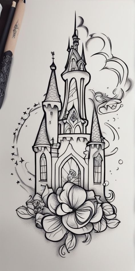 Explore this image brimming with delightful Disney tattoo ideas! It showcases a variety of whimsical designs from classic Disney characters to iconic symbols. A charming way to keep the Disney magic close by at all times! Ideal for any Disney lovers considering inking. Disney Tattoo Drawings Sketch, Neuschwanstein Castle Tattoo, Disney Tattoo Stencil Outline, Princess Castle Tattoo, Big Disney Tattoos, Sleeping Beauty Castle Tattoo, Disney Character Tattoos Ideas, Disney Tattoo Stencils, Disney Floral Tattoo