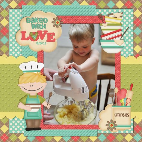 Kids Baking Ideas, Toddler Scrapbook, Children Cooking, Scrapbook Recipe Book, Scrapbooking Idea, Scrapbook Studio, Scrapbook Design Layout, Kids Baking, Paper Piecing Scrapbooking