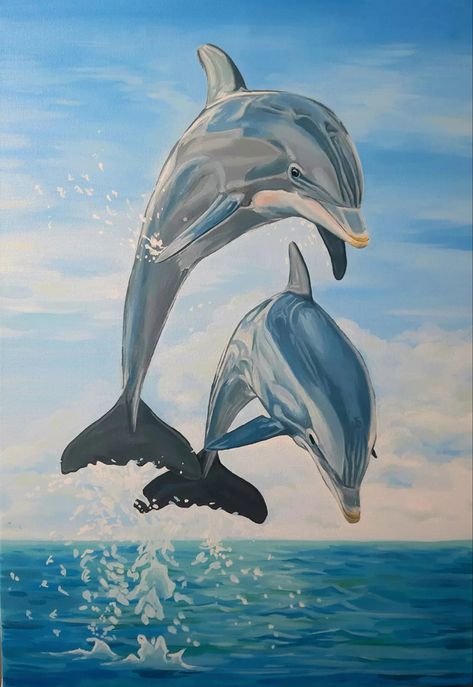 Oil Painting Realism, Dolphin Drawing, Painting Realism, Dolphin Painting, Animals Sea, Dolphin Art, Realism Painting, Lukisan Cat Air, Realism Art