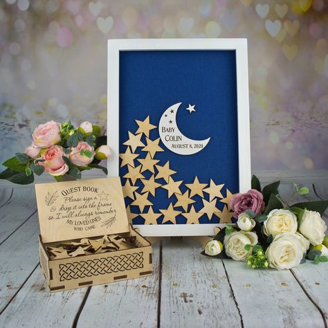 Baby Shower Moon and stars guest book alternative, 3 D 1st Birthday guest book Twinkle little star guest book baby Wedding box.           Have your guests sign their name on a star, and drop it into the frame through a slot cut on top of the frame, for memory to look back on. This can be made for Baby showers, Birthdays, Events, and other gatherings. The frame can be hung up on a wall or can be freestanding. Both options are supplied. Each set includes: ＋ a wooden frame with small hearts + big s 1st Birthday Guest Book, Guest Book Alternative Birthday, Moon Baby Shower Theme, Baby Full Moon, Baby Shower Guestbook, Baby Shower Guest Book Alternative, Birthday Guest Book, Stars Baby Shower, Star Baby Shower Theme