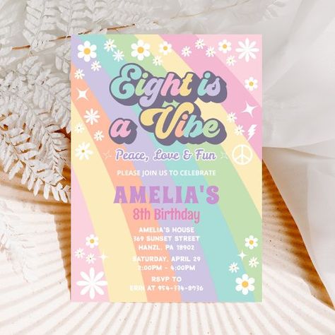 $2.77 | Eight is a vibe birthday invitation #girl birthday, girly birthday invitation, groovy invitation, rainbow, 70 70's 70 s, vintage birthday invite, daisy, flower power, retro hippie, eighth birthday 8th birthday Nine Is A Vibe Birthday, Teen Birthday Invitations, Girly Birthday, Rainbow Birthday Invitations, 9th Birthday Parties, Teen Birthday, 11th Birthday, Birthday Invitations Girl, Vintage Birthday