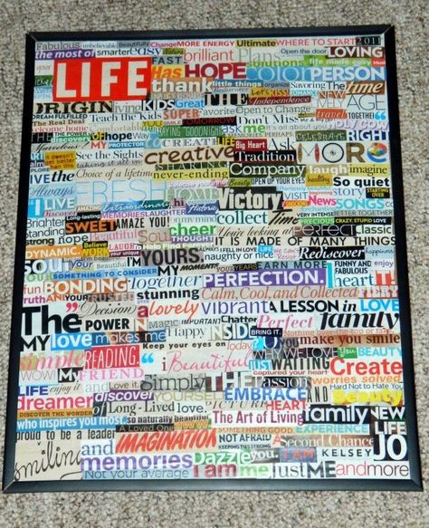 Got old magazines laying around that you don't know what to do with? Just cut out words, and glue them to a frame! To get really krafty, make it say something! I did this, and it makes a great room decoration! Things To Do With Old Magazines, Recycling Magazines Crafts, Magazine Diy Crafts, What To Do With Magazines, Magazine Clipping Art, Magazine Art Projects, Old Magazine Crafts, Recycled Magazine Crafts, Collage Magazine