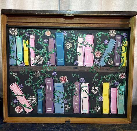 Books Acrylic Painting, Hand Painted Floral Wall, Painted Floral Wall, Shelf Painting, Painted Bookshelves, Harry Potter Painting, Home Decor Gift Ideas, Bookshelf Art, Vintage Drawer