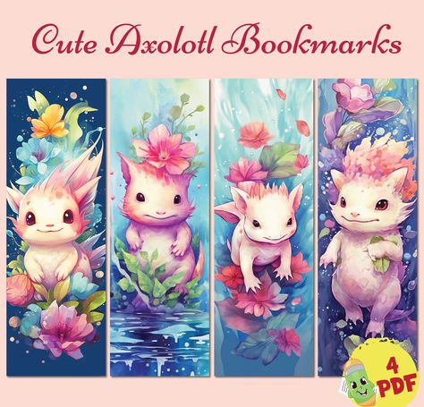 Cartoon Bookmarks, Axolotl Cartoon, Digital Bookmark, Pink Axolotl, Bookmarks For Kids, Bookmark Printable, Cute Axolotl, Printable Cute, Bookmarks Kids