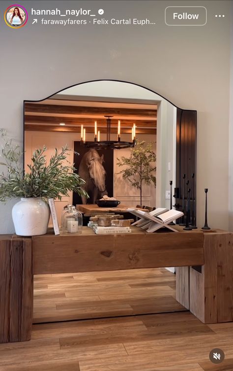 Big Mirror In Foyer Entry Ways, Front Entrance Mirror, Big Mirror In Entryway, Entry Way With Mirrors, Large Entry Way Mirror Ideas, Large Entry Way Wall Ideas, Entry Foyer Ideas Entrance, Large Mirror Entryway, Entry Credenza