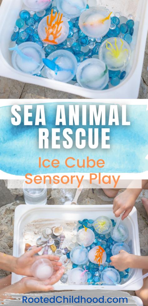 Sea Animal Sensory Activities, Cold Sensory Play, Open Ended Sensory Activities, Sea Animal Toddler Activities, Ocean Theme Sensory Play, Sensory Ice Play, Sea Animals Toddlers Activities, Ice Rescue Activity, Beach Themed Sensory Play