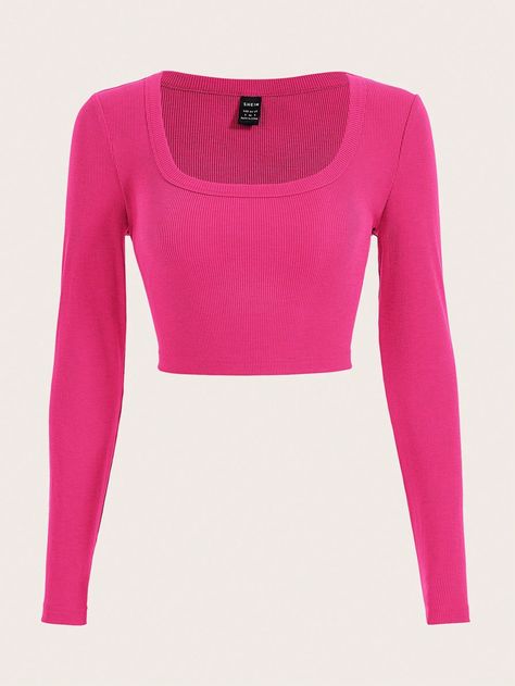 Hot Pink Casual Collar Long Sleeve Knitted Fabric Plain  Embellished High Stretch  Women Clothing Pink Long Sleeve Crop Top, Hot Pink Shirt, Top Rosa, Hot Pink Tops, Pink Long Sleeve Shirt, Crop Top Outfits, Pink Outfits, Knitted Tshirt, Y2k Fashion