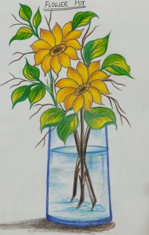 Pencil Colour Painting, Pencil Colouring, Flower Garden Images, Flowers Pot, Pencil Drawing Images, Coloring Pencils, Painting Flowers Tutorial, Drawing Classes, Easy Art For Kids