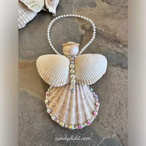 Details Are New Never Used Handmade By Me Candy Did It! One Of A Kind Angel Ornament Not Just For Your Christmas Tree Made With Genuine Shells Swarovski Crystals Detailed With Glass Pearls Golden Seed Bead Halo Hangs On Pearl Thread In New Natural Condition Great Gift Idea Teardrop Christmas Ornaments, Christmas Ornaments Made From Seashells, Sand Dollar Christmas Crafts, Christmas Shells Diy Ideas, Beach Glass Angels, Christmas Seashell Ornaments, Christmas Sea Shell Crafts, Sea Shell Tree, Sea Shell Projects Diy