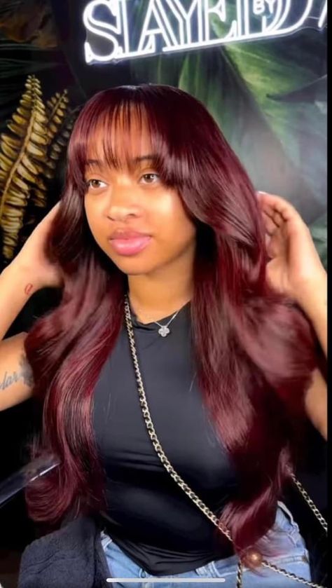 Red Hair Bangs Black Women, Red Bang Wig Black Women, Copper Wig With Bangs, Red Wig With Bangs Black Women, Burgandy Wig Hairstyles For Black Women, Dark Red Wig For Black Women, India Royale Hair Styles, Bombshell Bangs, Burgundy Wig Hairstyles